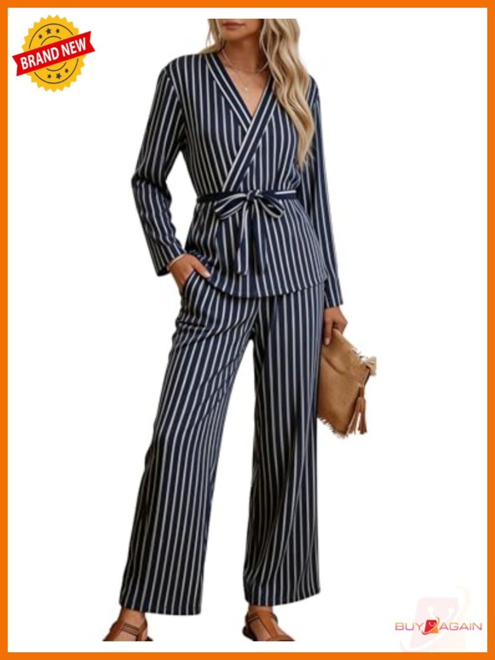 Womens 2 Piece Pajama Set Wrap Belted Top Wide Leg Pants Lounge PJs